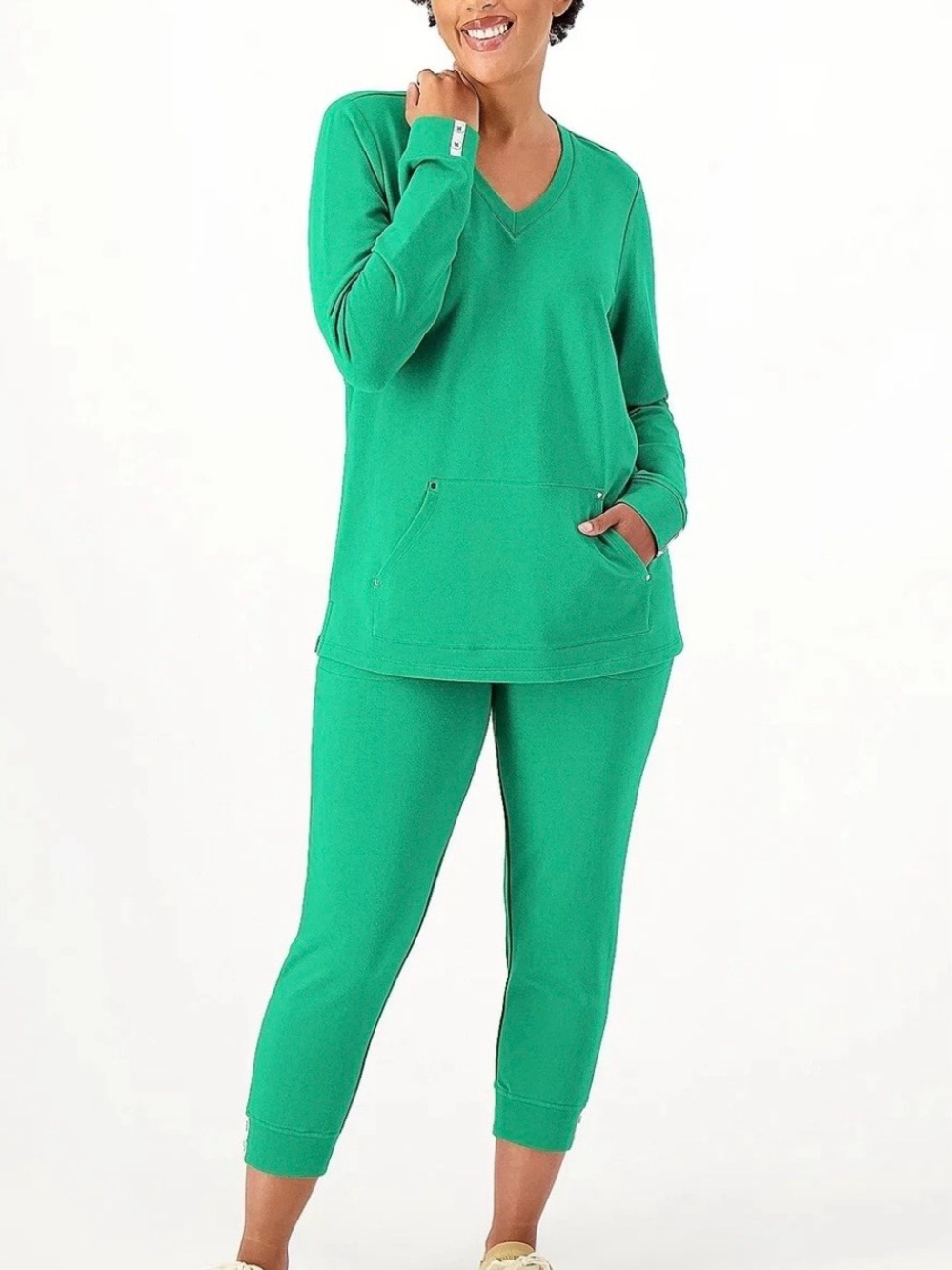 Sport Savvy Petite French Terry V neck Top and Crop Pant Set